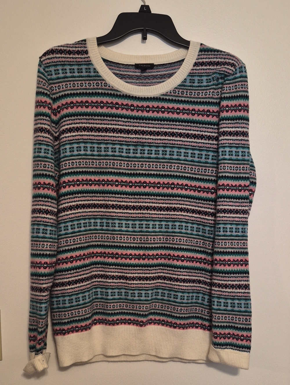 Talbots Multicolor Fair Isle Crewneck Sweater - Aqua, Pink, White SZ M
